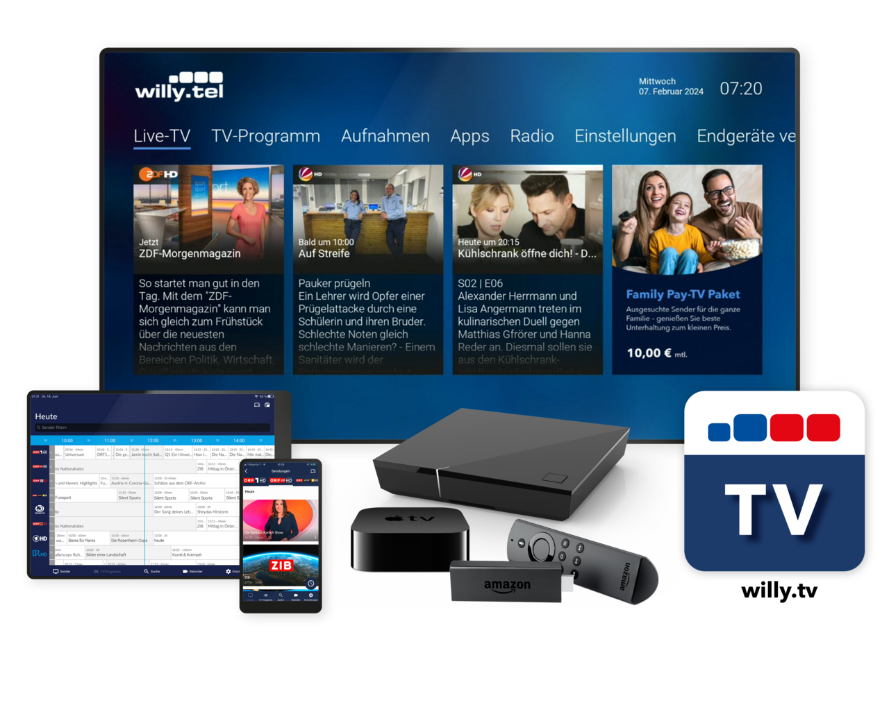 Sammlung an Geräten, um IPTV zu empfangen.